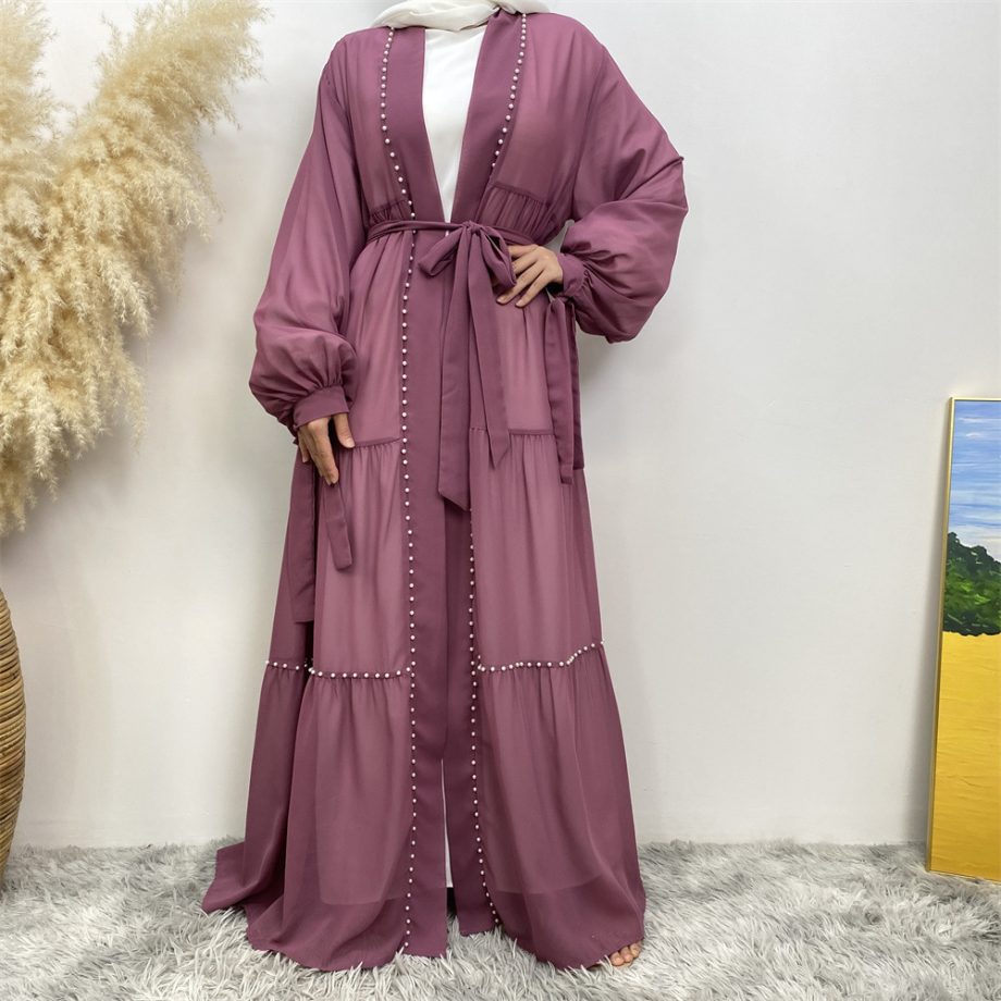 Elegant Solid Color Beaded Muslim Robe – Balance Fashion