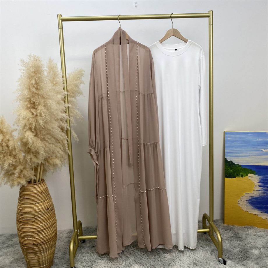 Elegant Solid Color Beaded Muslim Robe – Balance Fashion