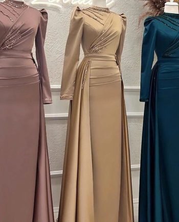 Muslim Stand Collar Long Sleeve Evening Dress
